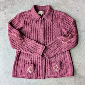 Woolrich Black Cherry Full Zip Floral Embroidered Wool Cardigan Sweater large